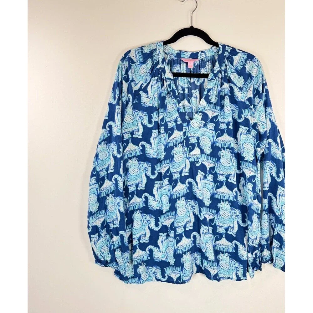 Lilly Pulitzer Womens Top Blue Martinique Elephant V Neck Blouse Casual Medium - Picture 5 of 13